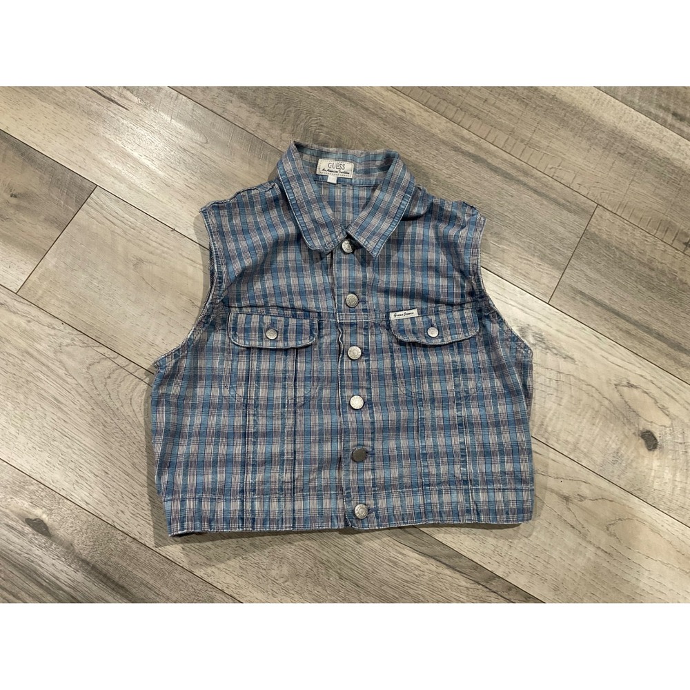 Vintage Guess Jeans Plaid Sleeveless Vest Blue White Cropped XL USA Made